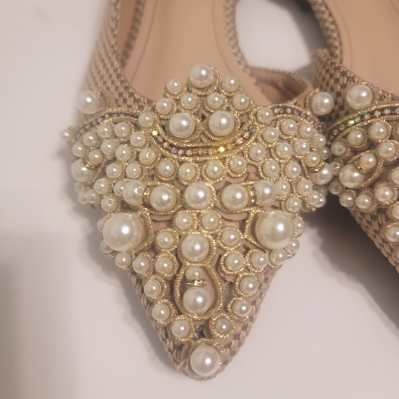 Pearl Embellished Pointed Toe Slip On Shoes Sophisticated Tan Tweed Flats 7.5 - Picture 6 of 14